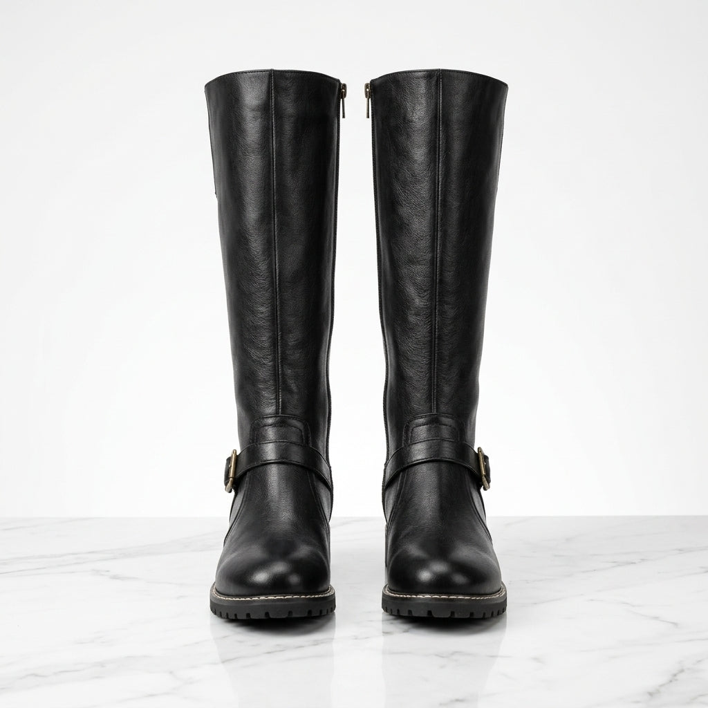 Women's Faux Leather Knee-High Boots – Buckle Detail Block Heel