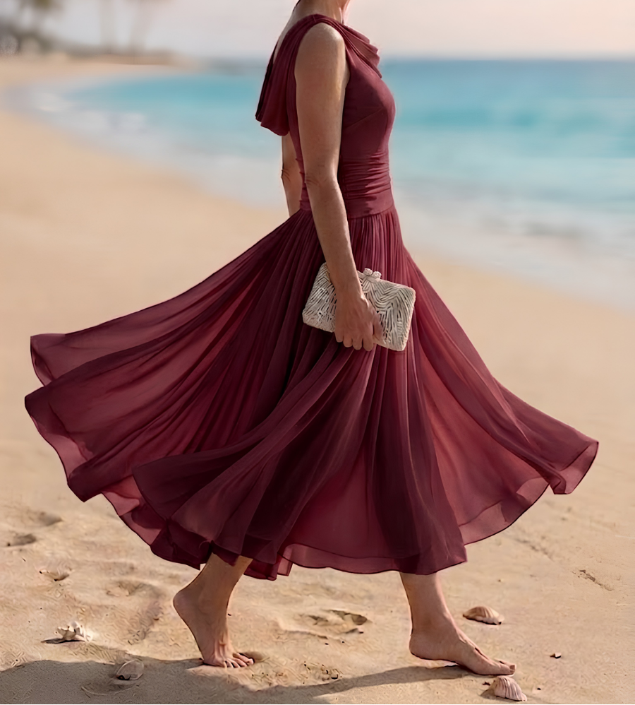 Women's Midi Dress – Pleated A-Line Summer Dress with Draped Neck