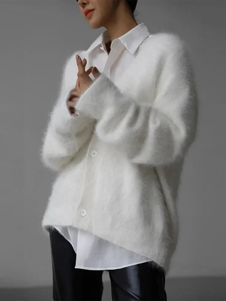 Women's Fluffy Knit Cardigan with Button Front