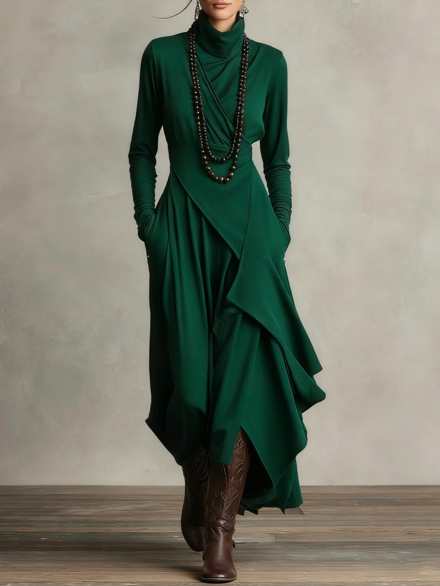 Women's Turtleneck Maxi Dress – Draped Asymmetric Hem – Green