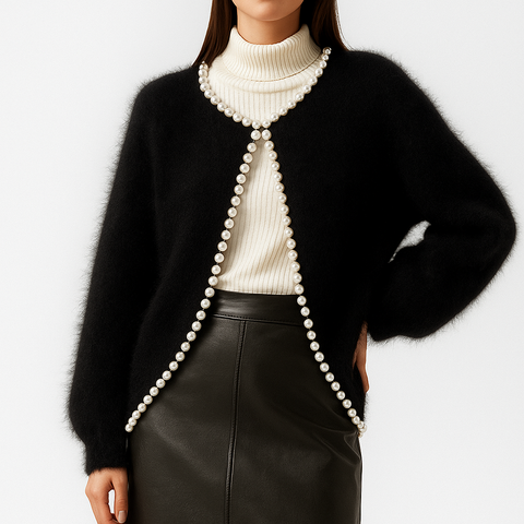 Women's Fluffy Knit Cardigan – Pearl-Trim Cropped Cardigan