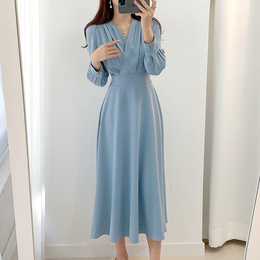 Women's V-Neck Puff Sleeve A-Line Midi Dress