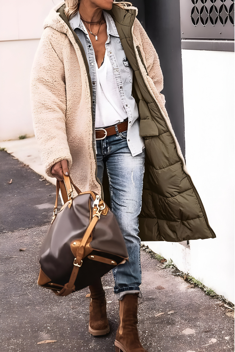 Women's Longline Sherpa-Lined Puffer Coat with Hood