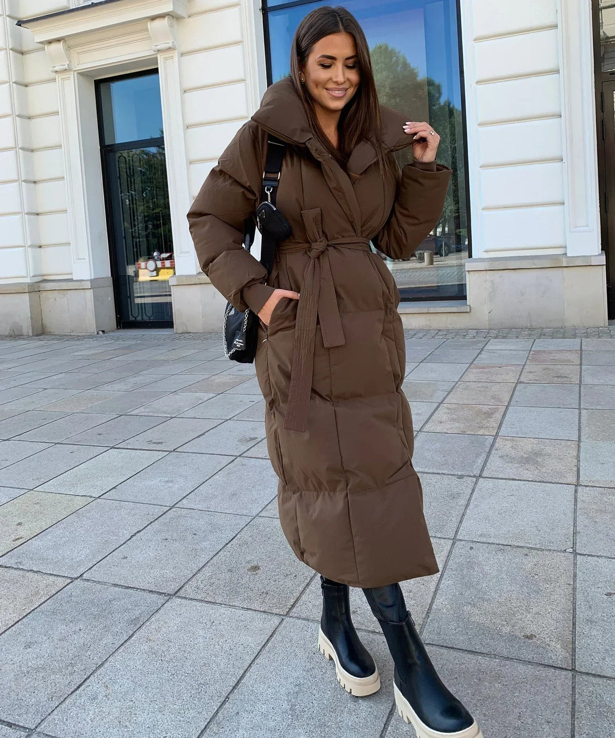 Women's Longline Puffer Coat – Oversized Collar Quilted Jacket
