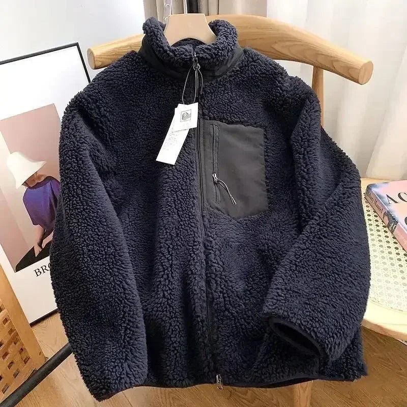 Women's Teddy Fleece Jacket – High Collar Contrast Zip Pocket