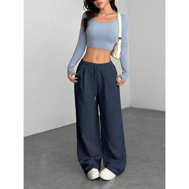 Women's Corduroy Wide Leg Trousers with Drawstring Waist