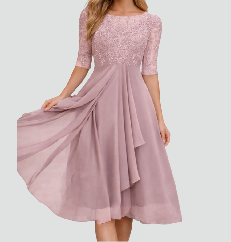 Women's Lace Bodice Midi Dress – Chiffon A-Line Party Dress
