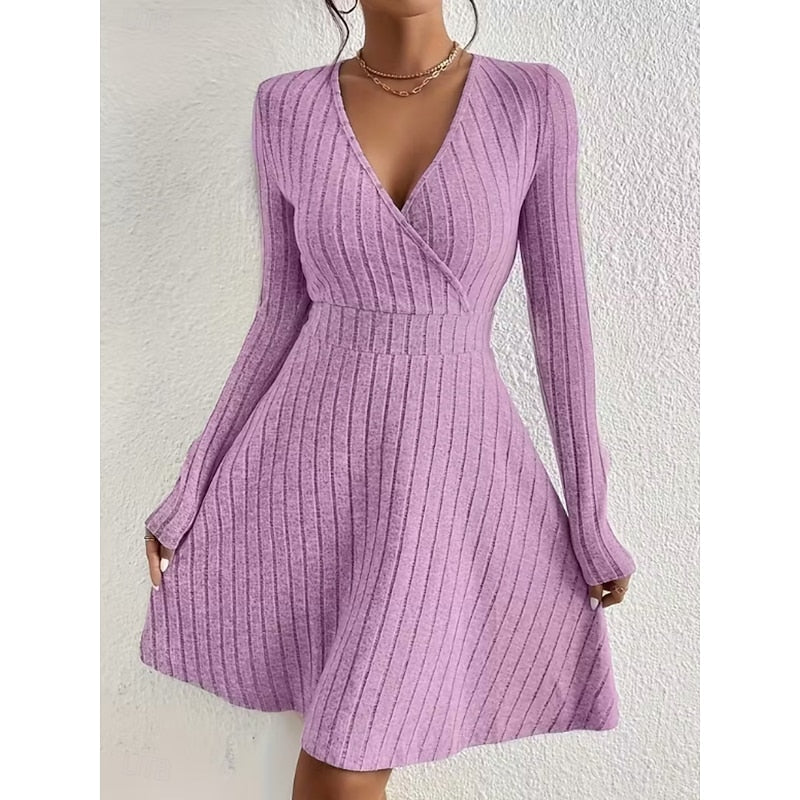 Women's Ribbed Wrap Neck A-Line Dress – Knee-Length Knit Dress