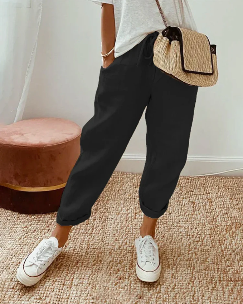 Women's Linen Jogger Trousers – Drawstring Tapered Fit
