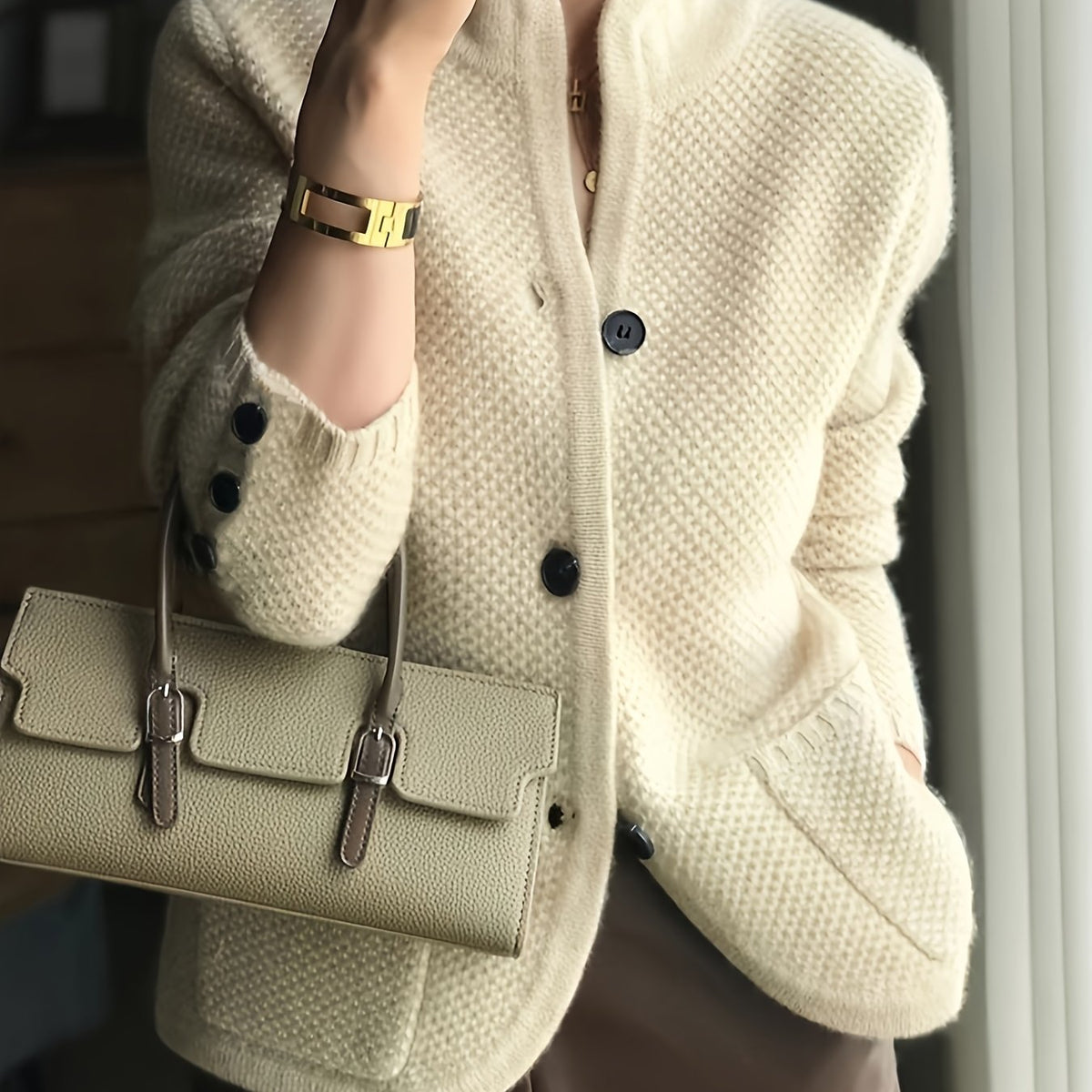 Women's Textured Knit Cardigan – Stand Collar Button Front