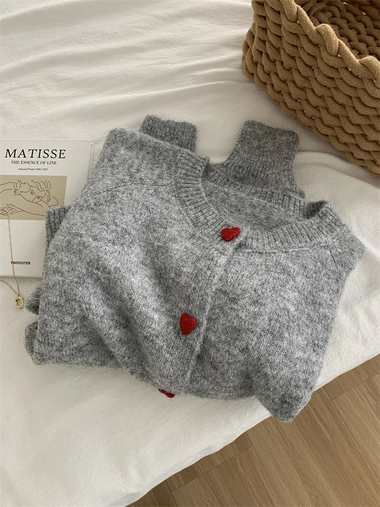 Women's Knit Cardigan – Heart Button Round Neck