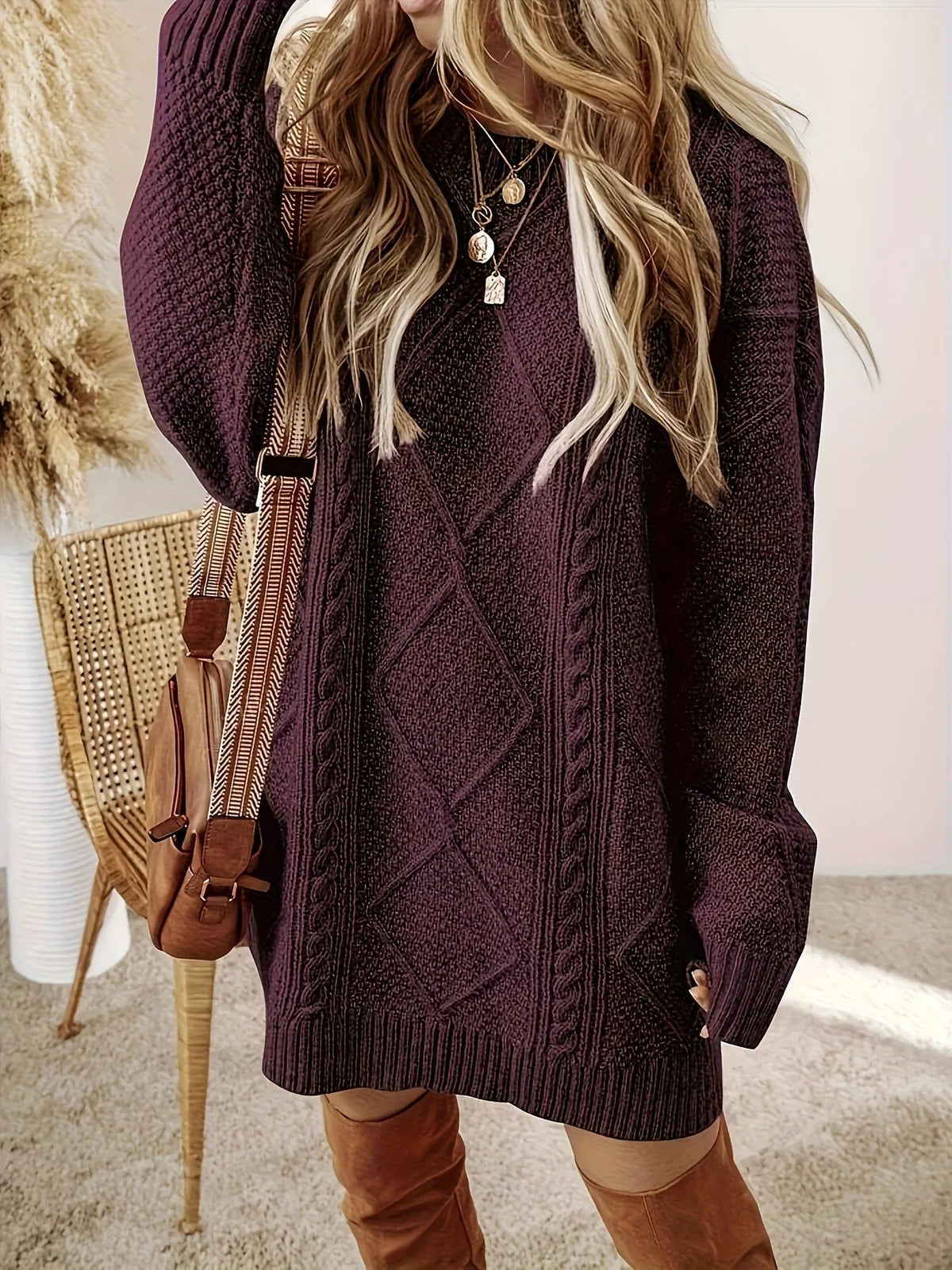 Women's Cable Knit Jumper Dress – Oversized Balloon Sleeve Dress