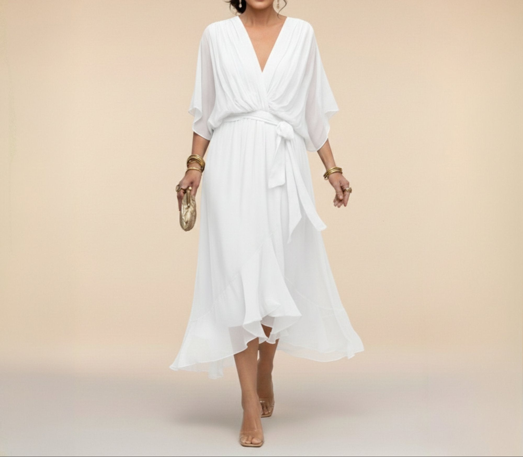 Women's Chiffon Wrap Midi Dress – V-Neck Kimono Sleeve