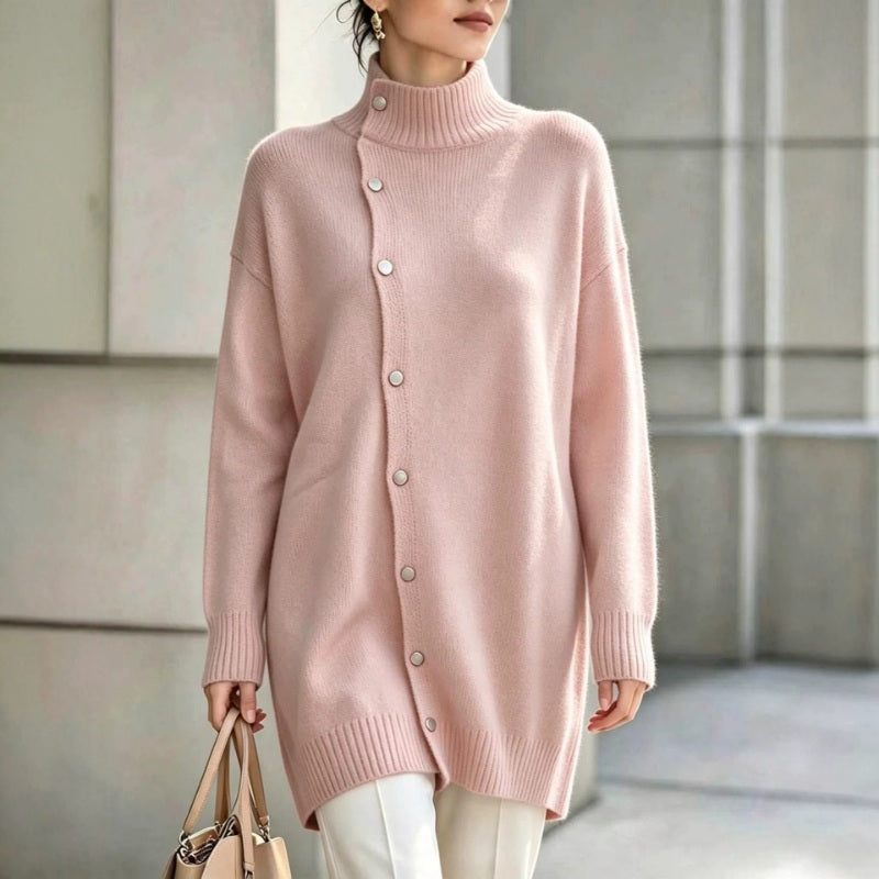 Women's Roll Neck Jumper – Asymmetric Button Front