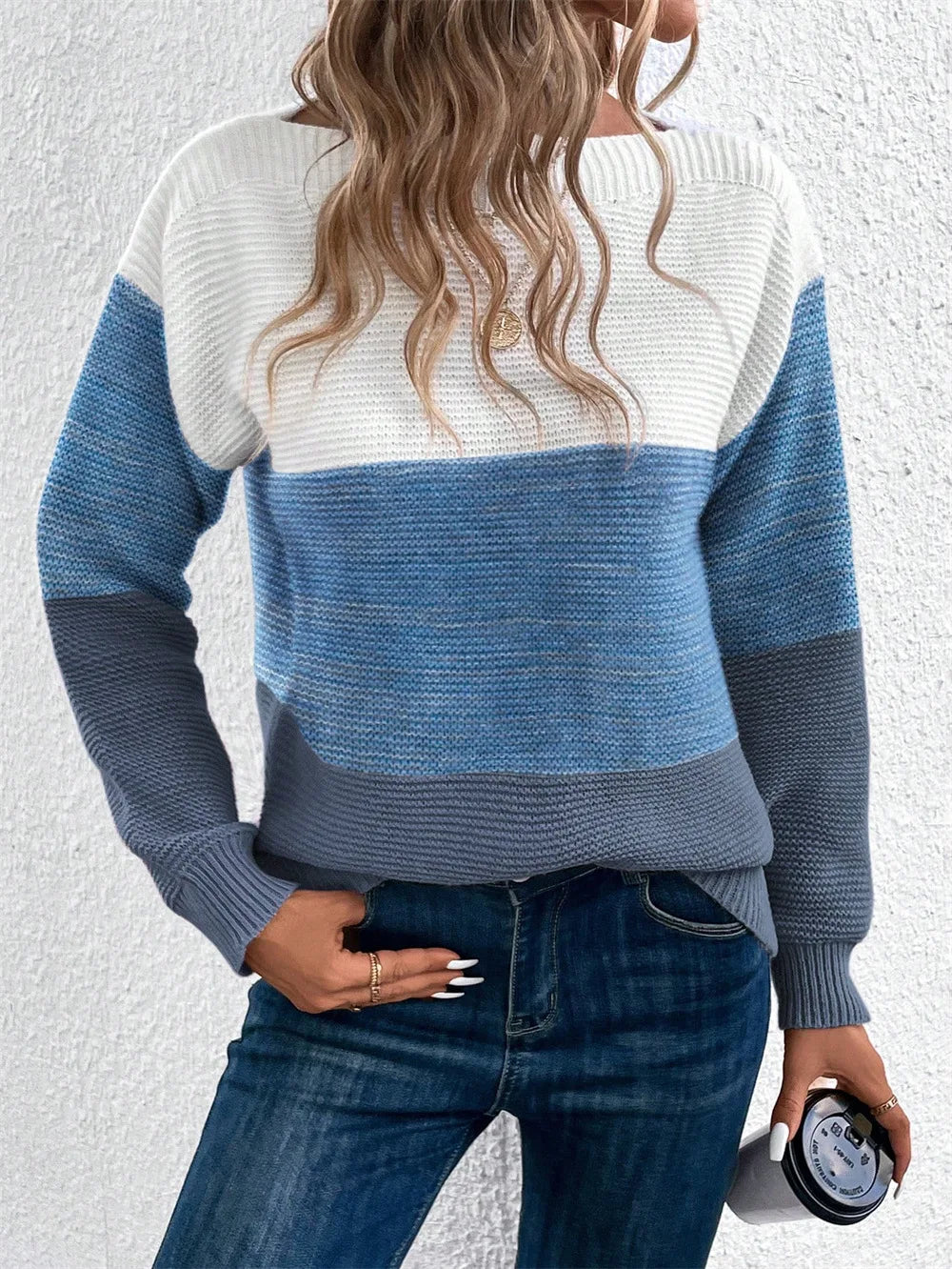 Women's Colour-Block Knit Jumper – Boat Neck Ribbed Trim