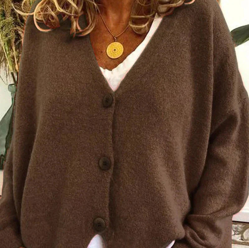 Women's Knitted Cardigan – V-Neck Button-Up – Coffee