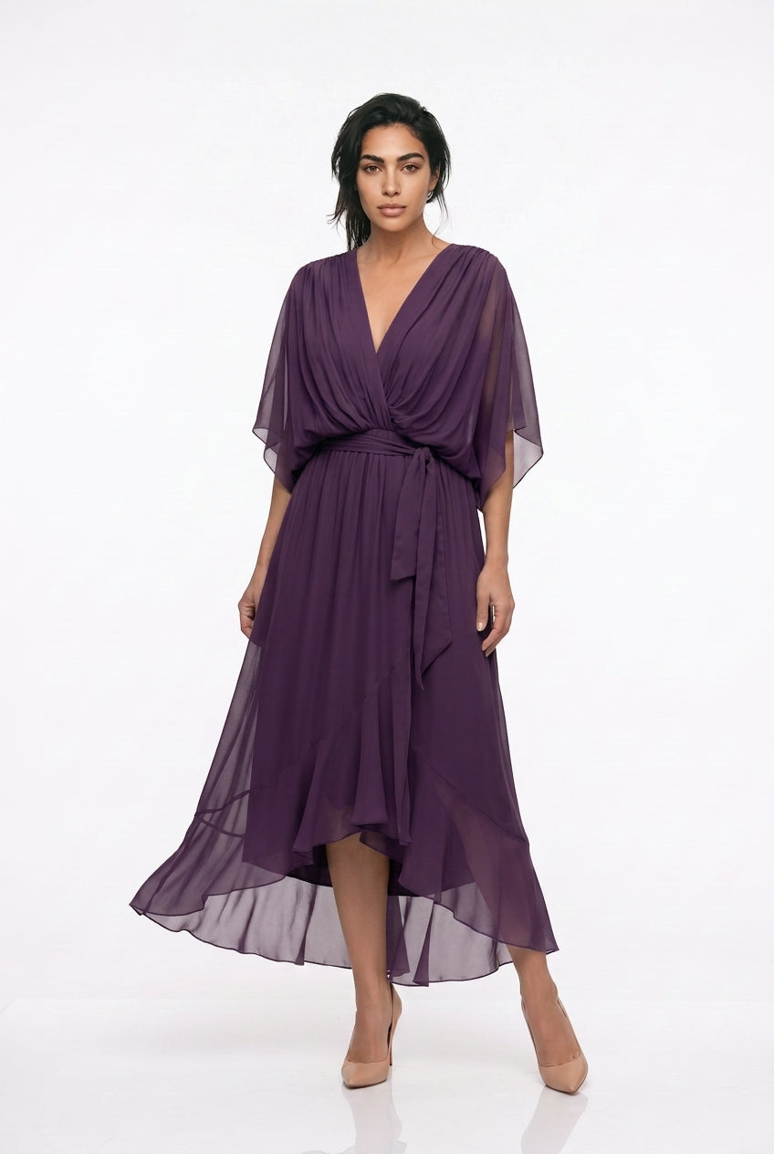 Women's Chiffon Wrap Midi Dress – V-Neck Kimono Sleeve