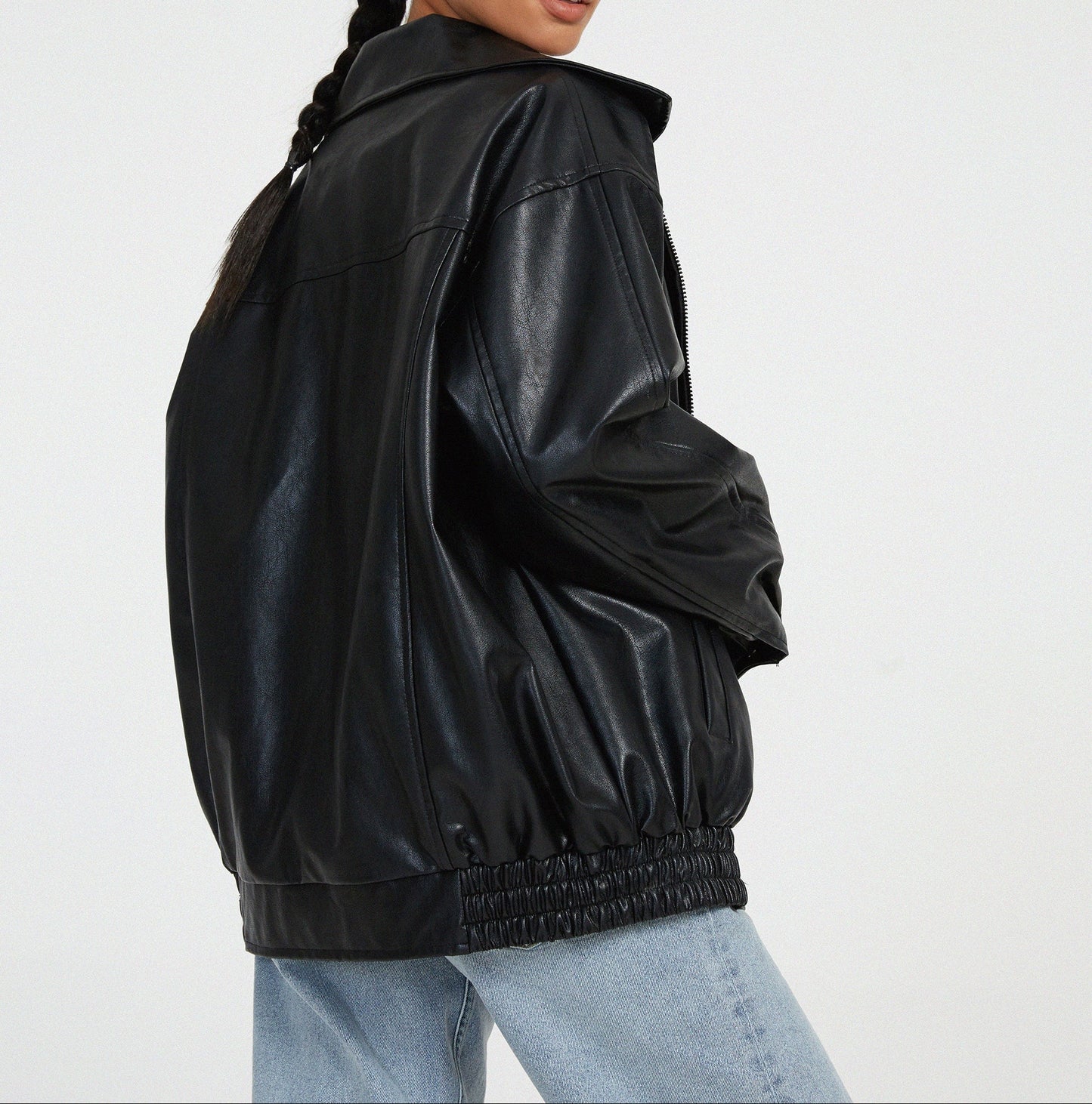 Brown Oversized Leather Bomber Jacket Women | Faux Leather Zip Up Aviator Jacket