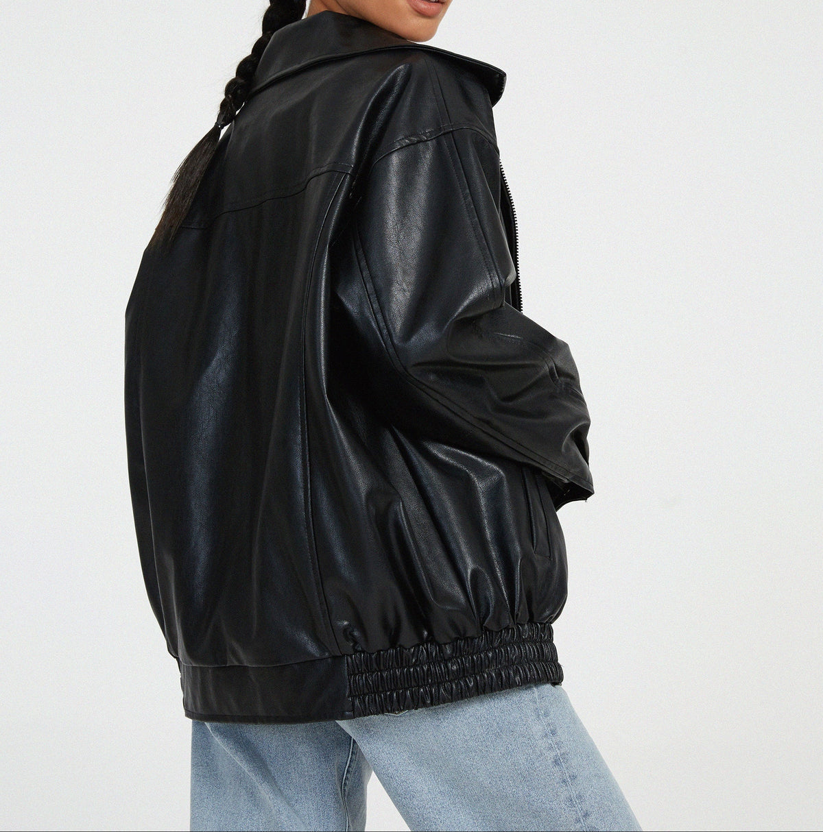 Brown Oversized Leather Bomber Jacket Women | Faux Leather Zip Up Aviator Jacket