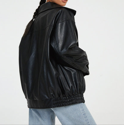 Brown Oversized Leather Bomber Jacket Women | Faux Leather Zip Up Aviator Jacket