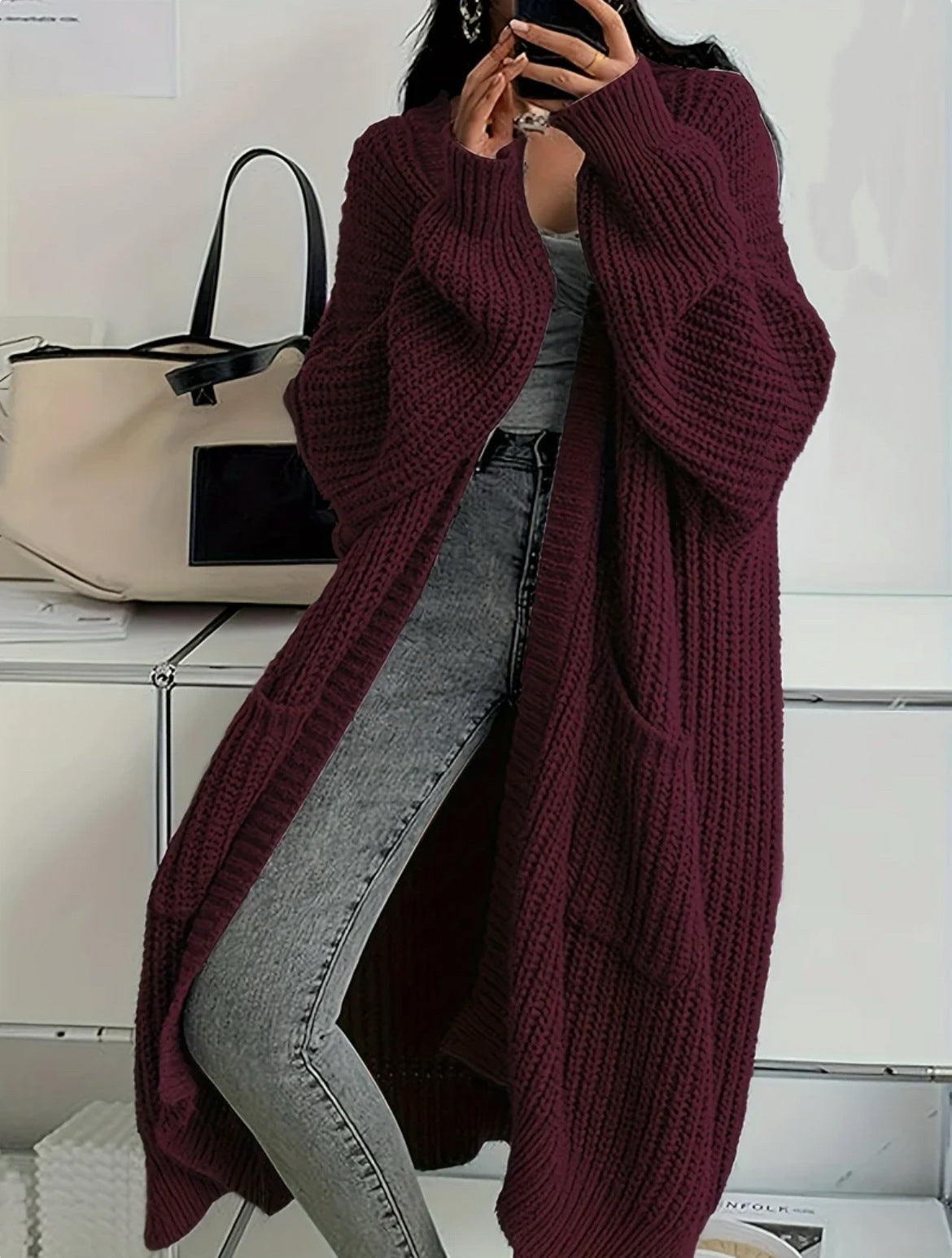 Women's Chunky Knit Longline Cardigan – Open Front with Pockets