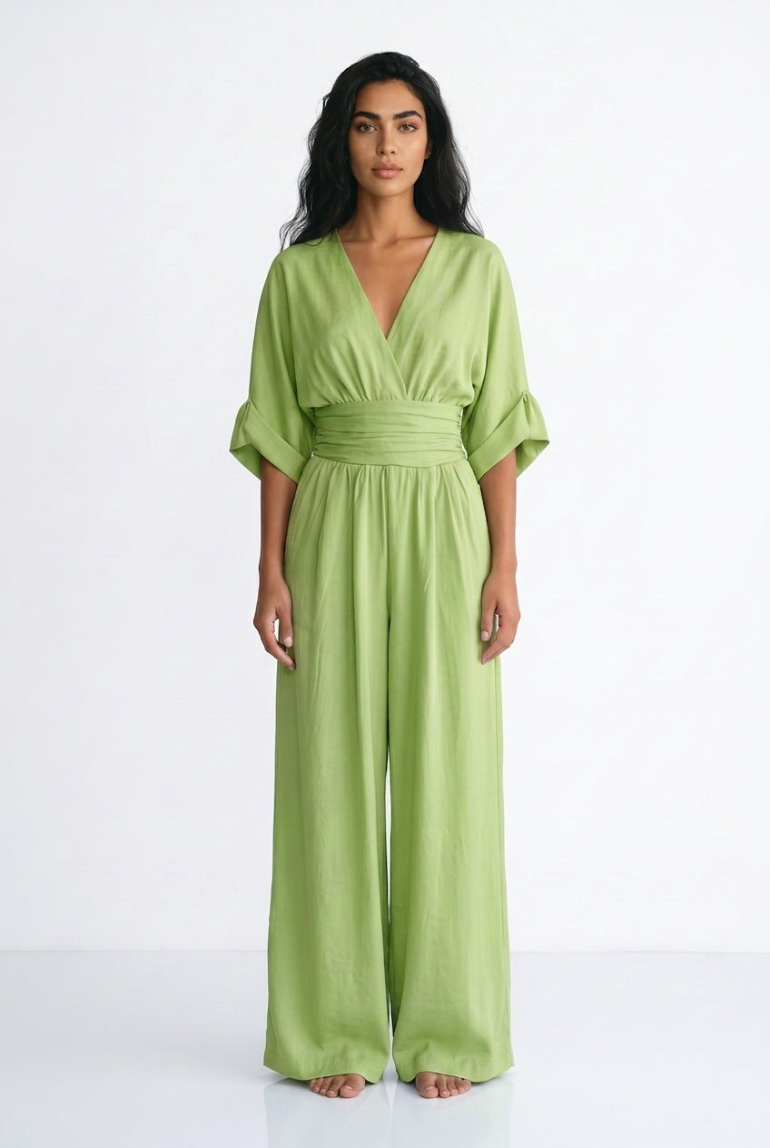 Women's Wide Leg Jumpsuit – V-Neck Belted Occasion