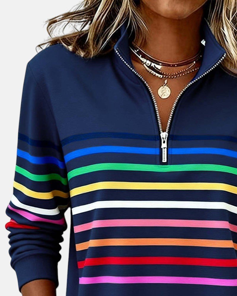 Women's Quarter Zip Jumper – Striped Colour Block Knit