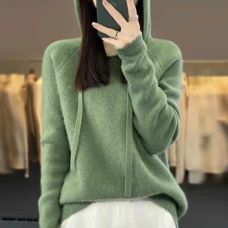 Women's Knit Hooded Jumper – Drawstring Honeycomb Pullover