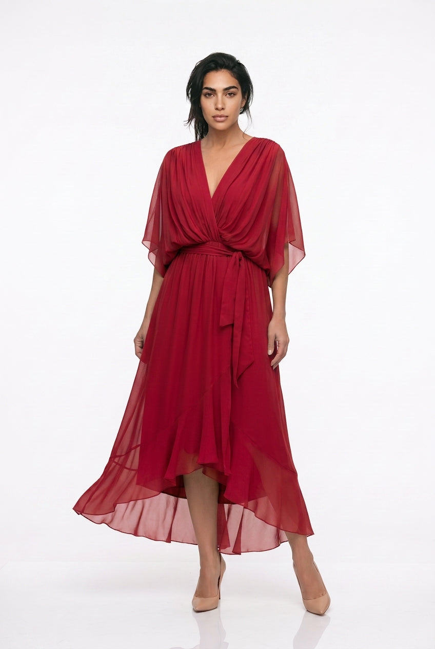 Women's Chiffon Wrap Midi Dress – V-Neck Kimono Sleeve