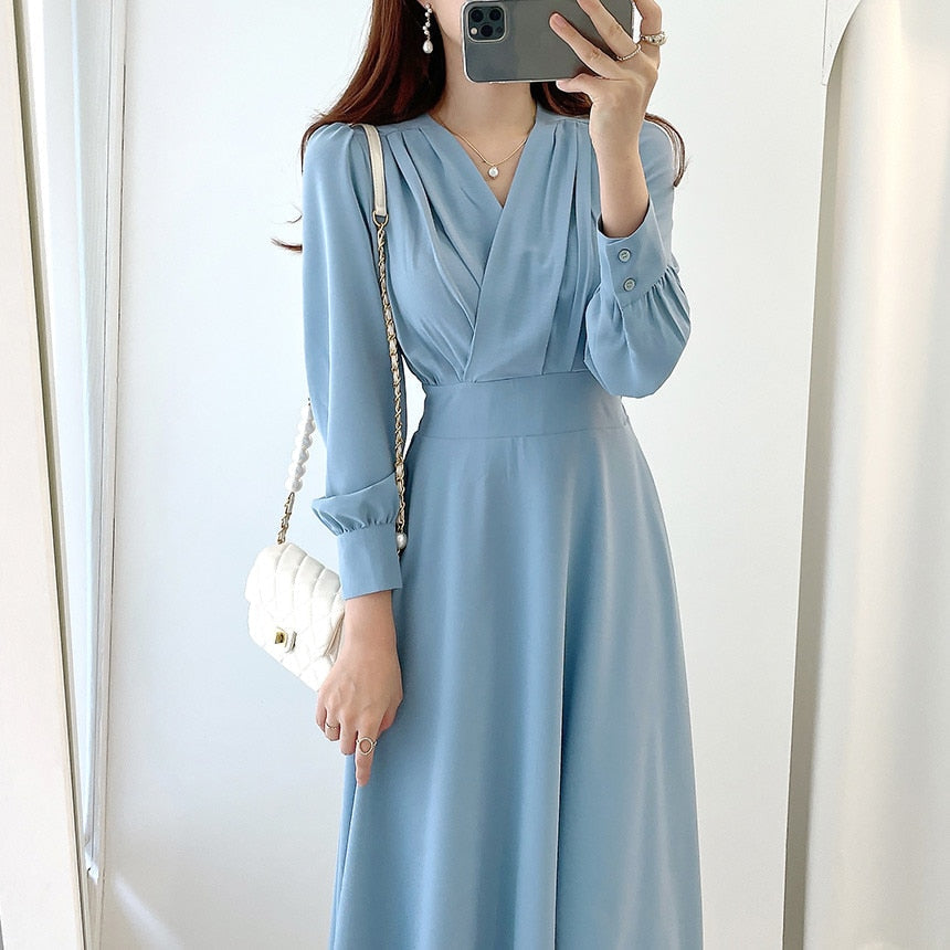 Women's V-Neck Puff Sleeve A-Line Midi Dress