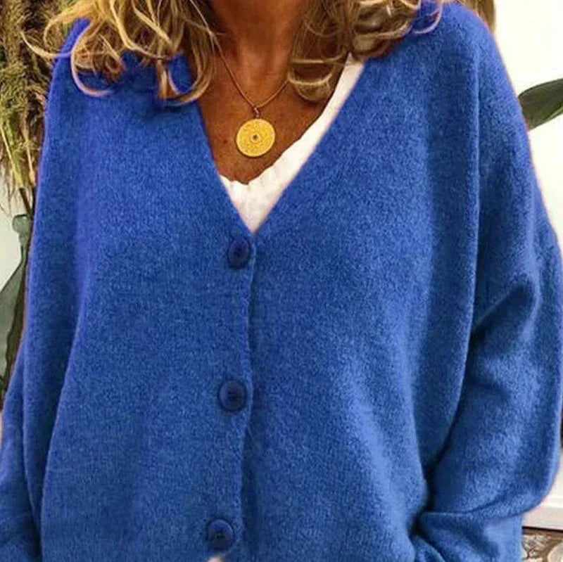Women's Knitted Cardigan – V-Neck Button-Up – Blue