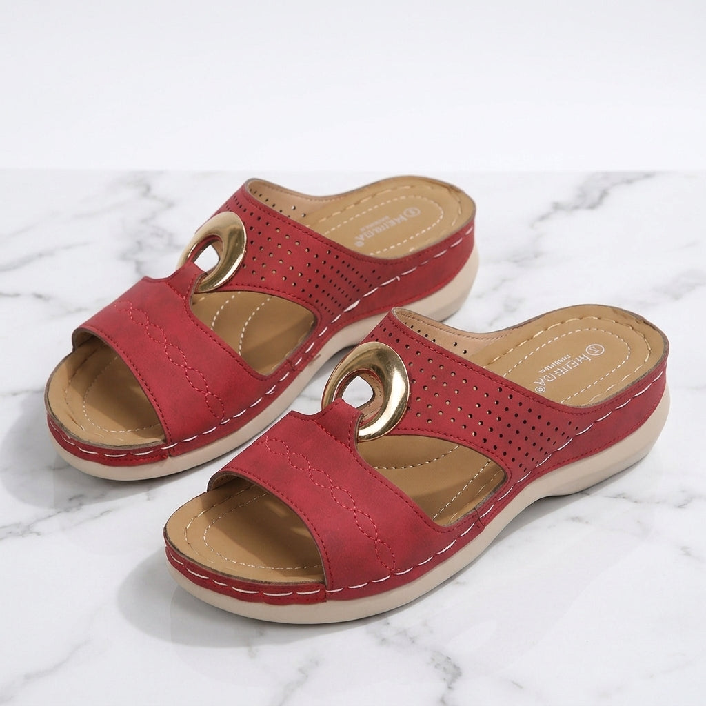 Women's Wedge Sandals – Buckle Detail, Cut-Out Slip-On Mules