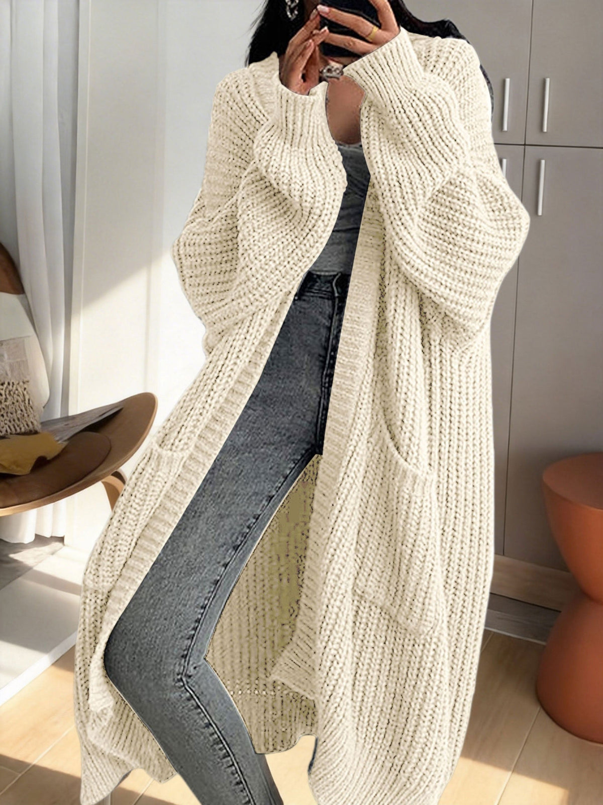 Women's Ribbed Knit Longline Duster Cardigan with Pockets