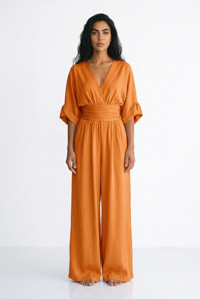 Women's Wide Leg Jumpsuit – V-Neck Belted Occasion