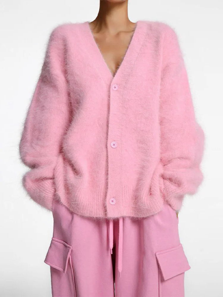 Women's Fluffy Knit Cardigan with Button Front