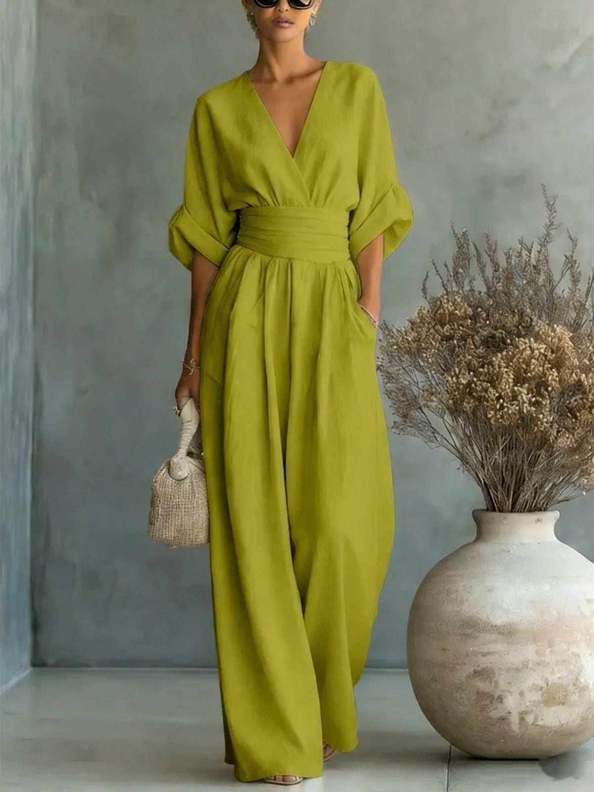 Women's Wide Leg Jumpsuit – V-Neck Belted Occasion