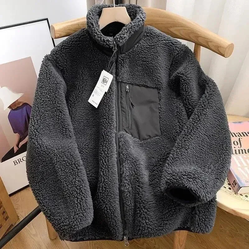 Women's Teddy Fleece Jacket – High Collar Contrast Zip Pocket