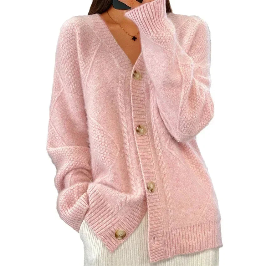 Women's Diamond Knit Cardigan – Button Front V-Neck Layer