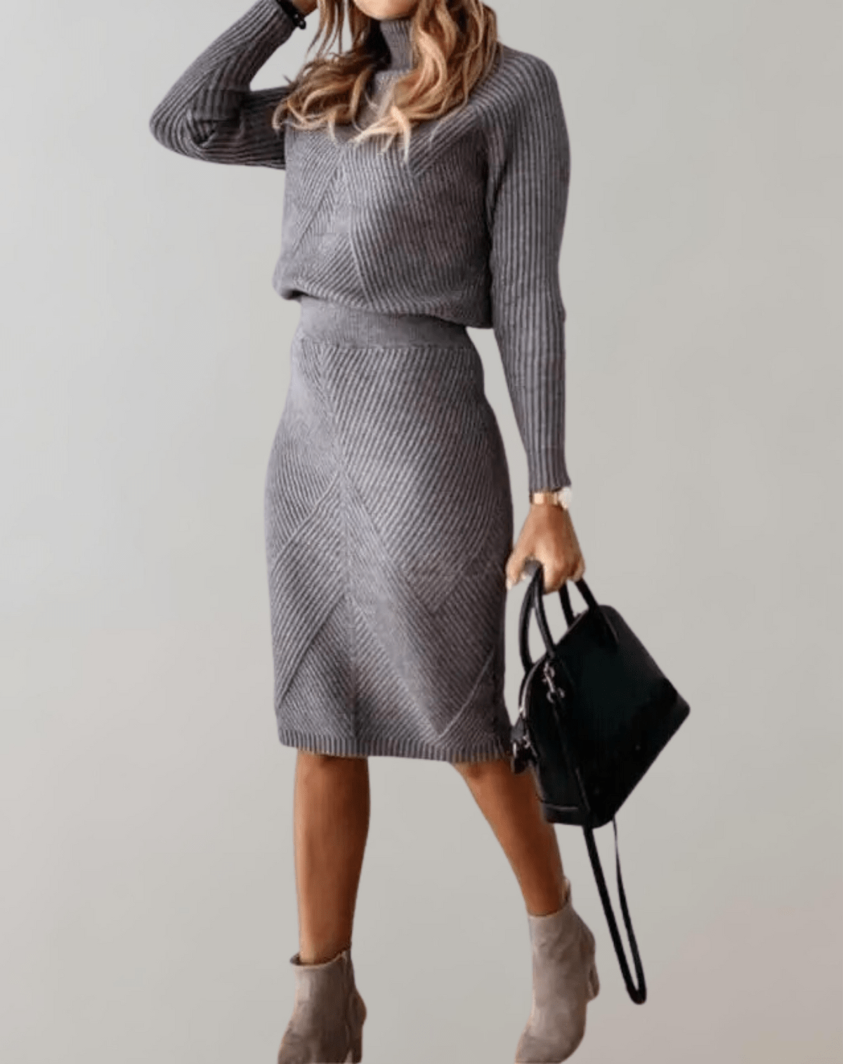 Women's Ribbed Knit Turtleneck Co-ord – Fitted Midi Skirt Set