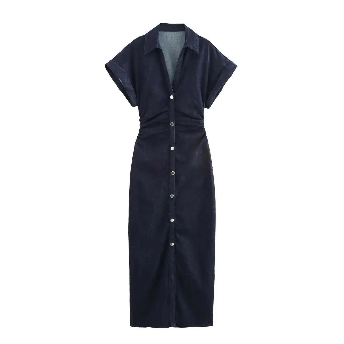 Women's Denim Midi Dress – Ruched Waist Button-Through