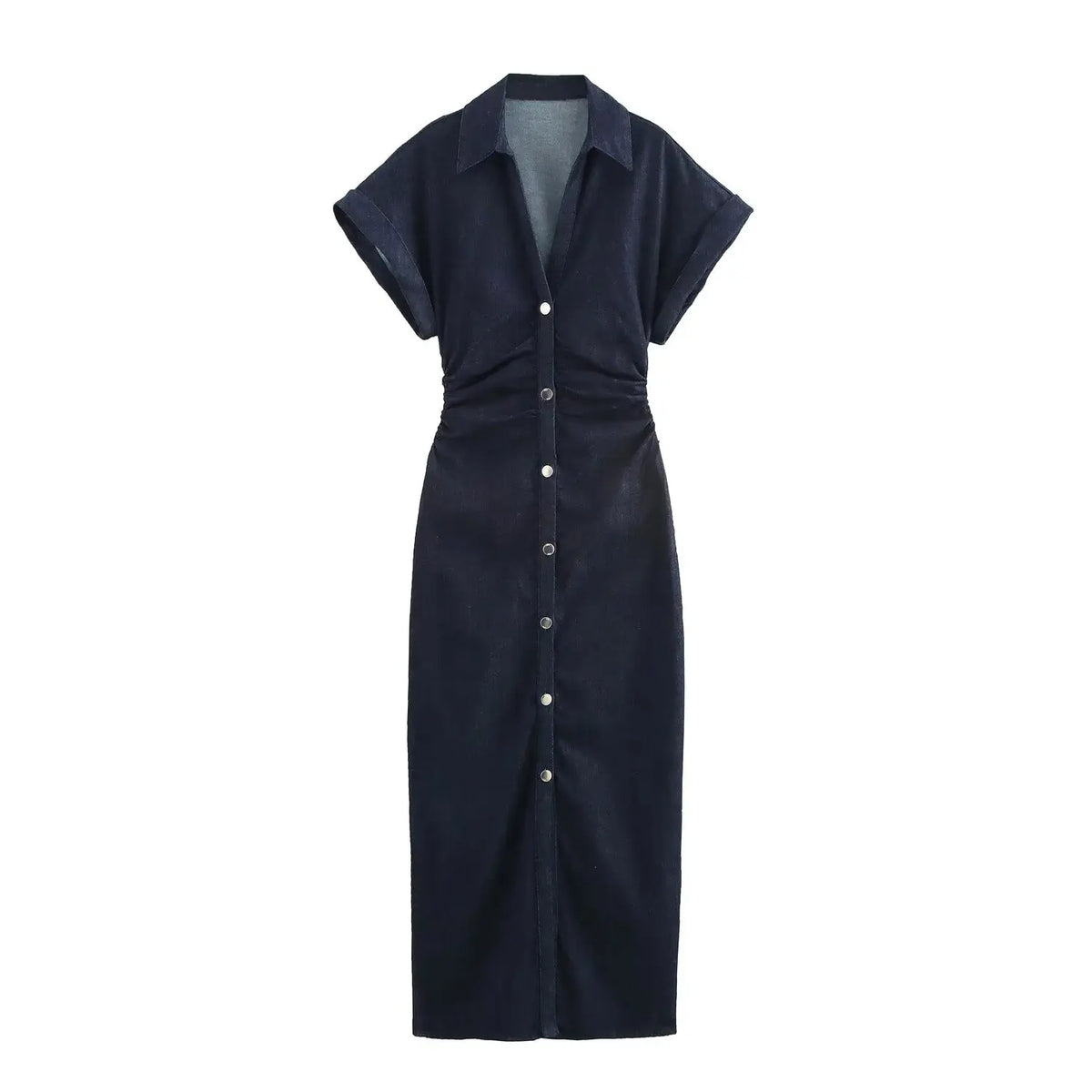 Women's Denim Midi Dress – Ruched Waist Button-Through