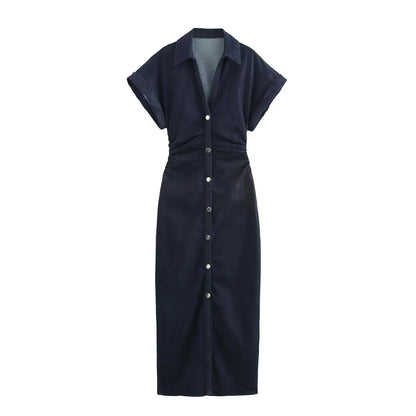 Women's Denim Midi Dress – Ruched Waist Button-Through