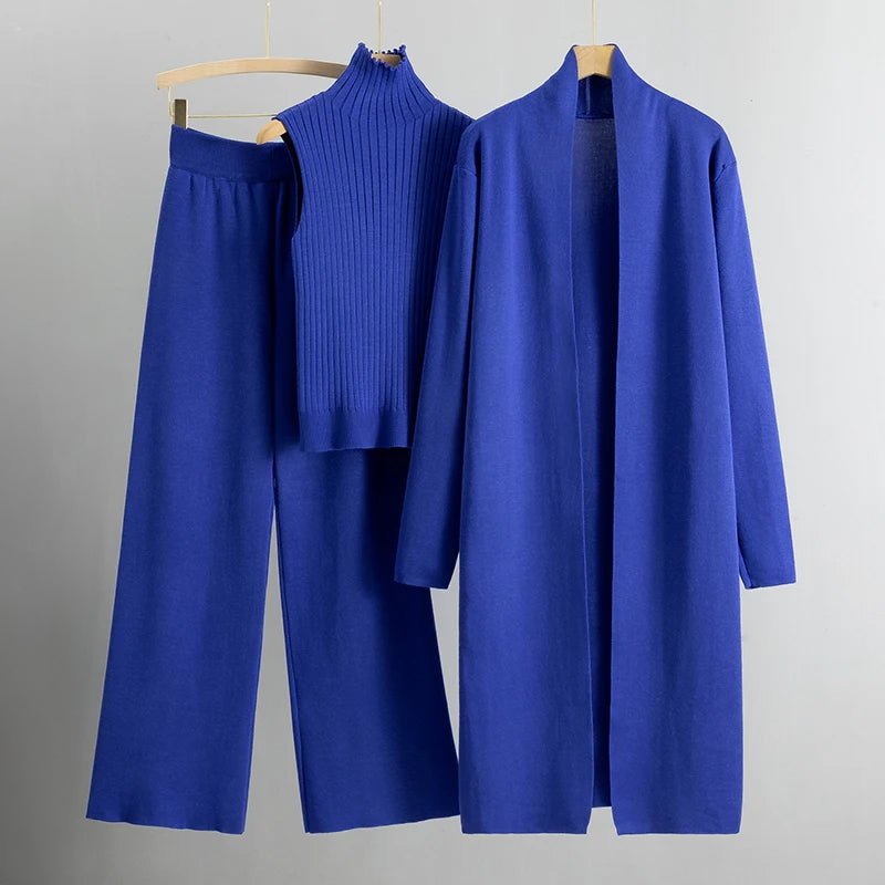 Women's Knit Co-ord Set – Longline Cardigan, Jumper & Wide Leg Trousers