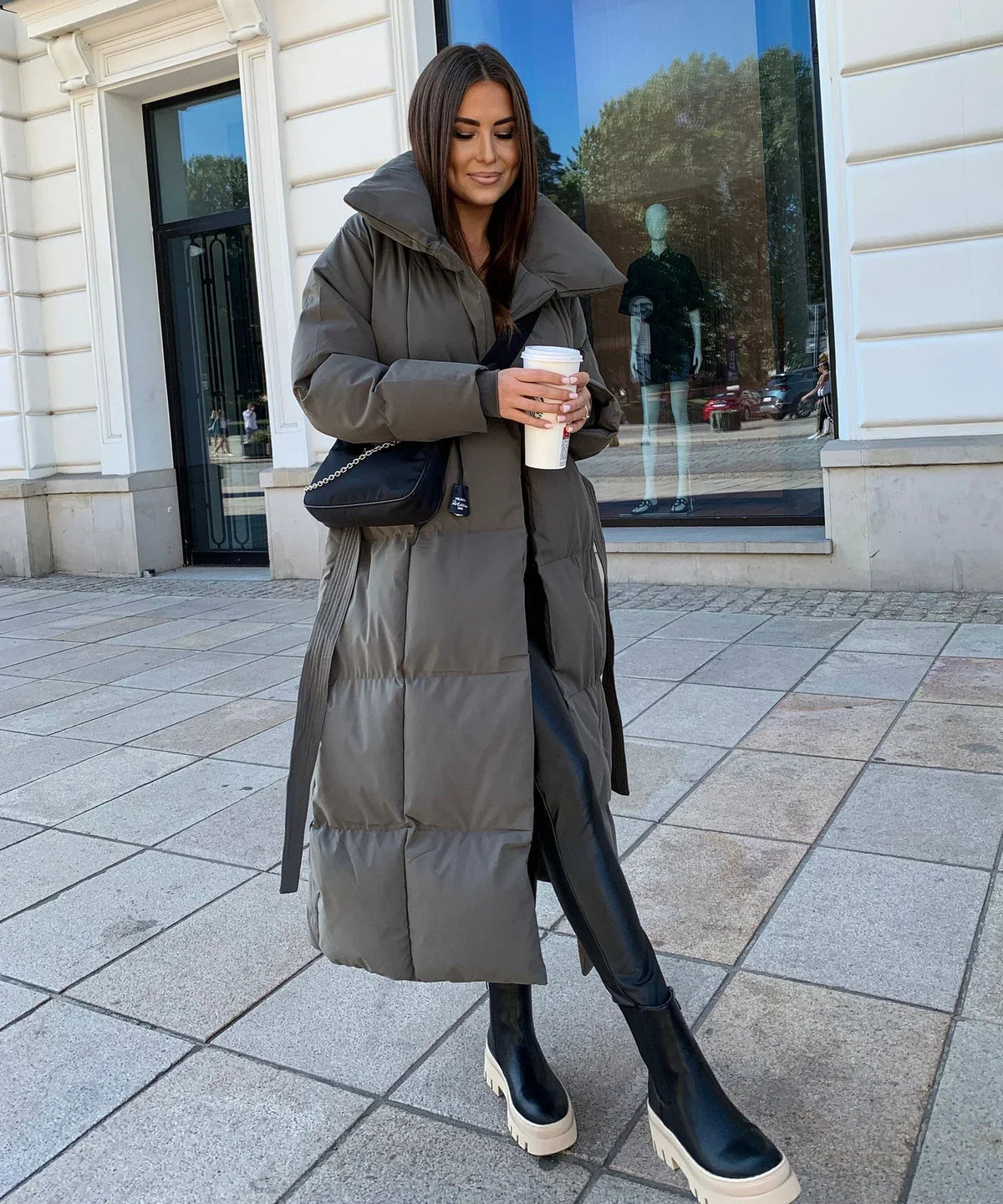 Women's Longline Puffer Coat – Oversized Collar Quilted Jacket