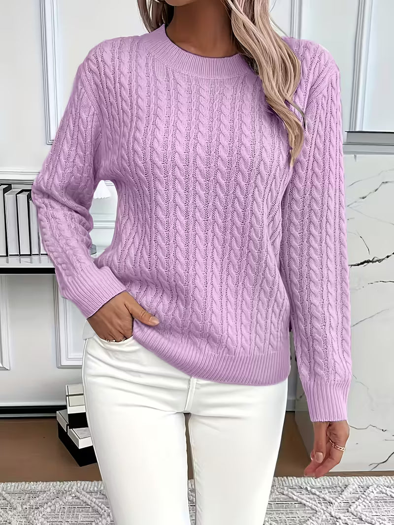 Women's Cable Knit Crew Neck Jumper – Ribbed Cuff Sweater