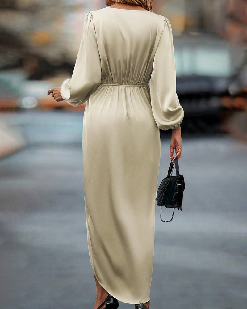 Women's Satin Wrap Midi Dress – V-Neck Twist Waist