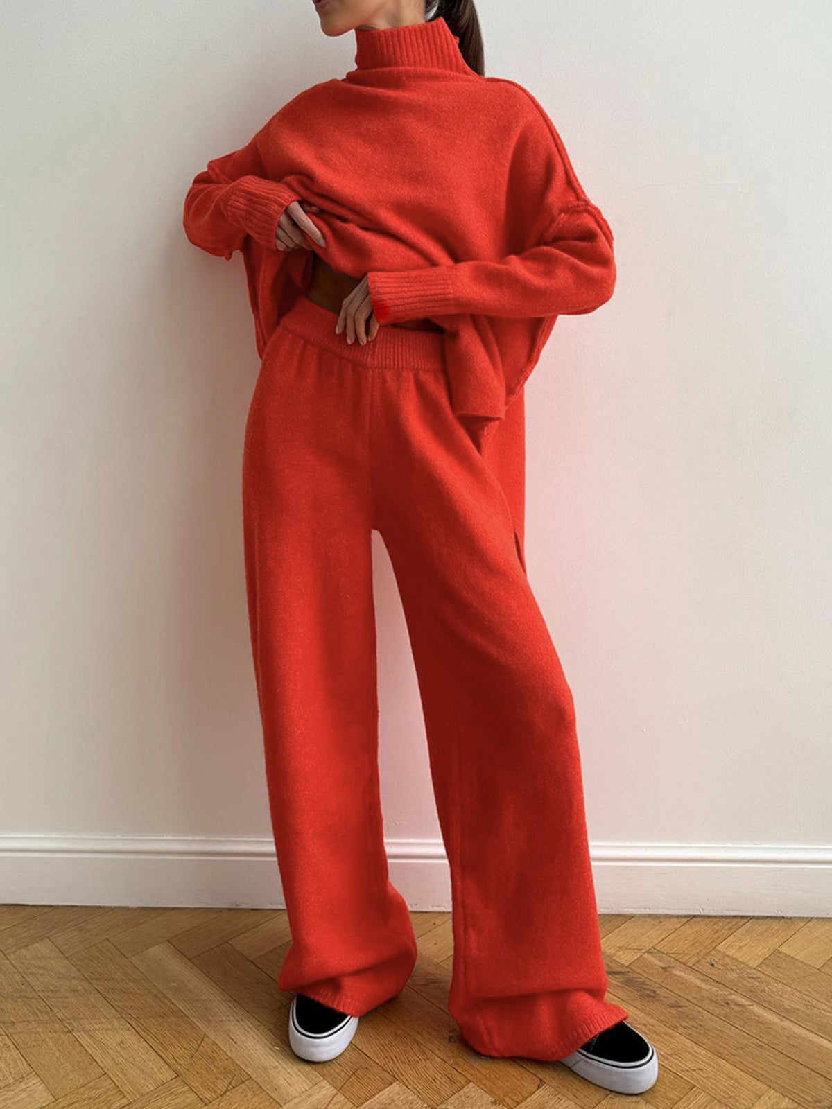 Women's Knitted Co-ord Set – Roll Neck Jumper & Wide Leg Trousers