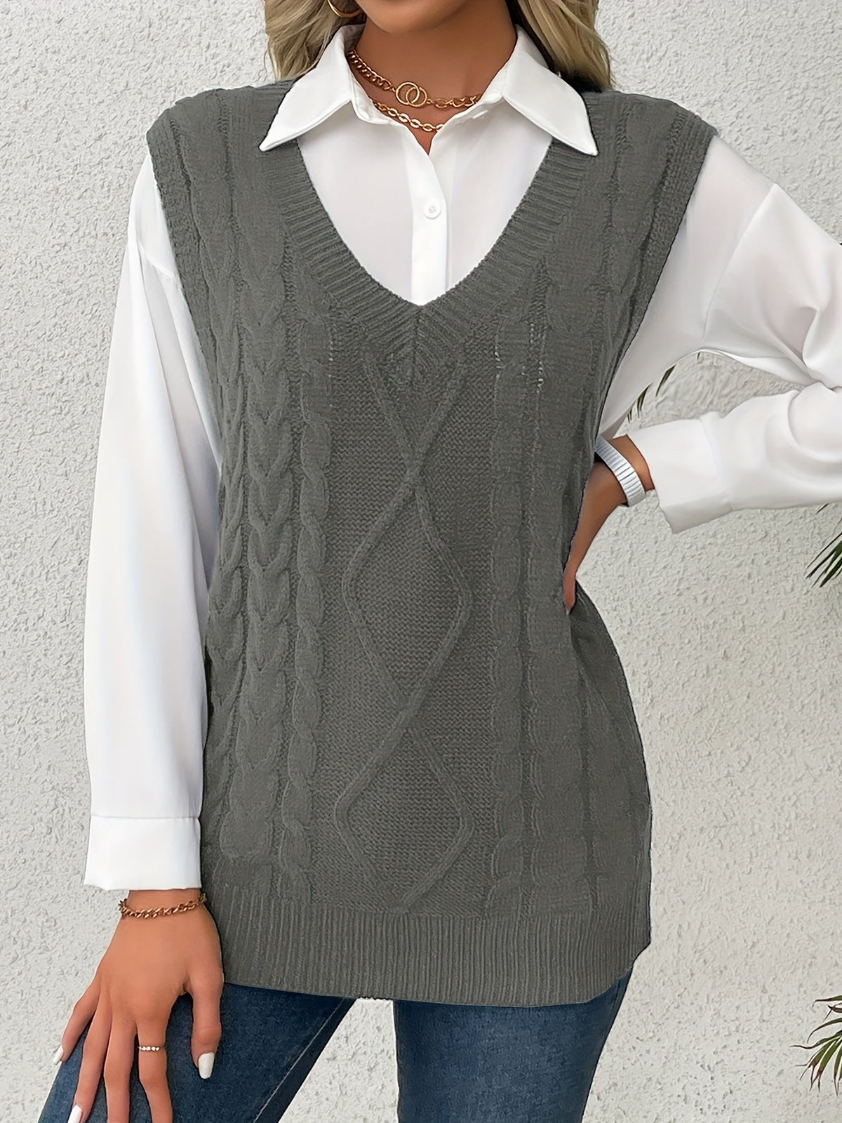 Women's Cable Knit V-Neck Jumper Vest, Preppy Layering Piece