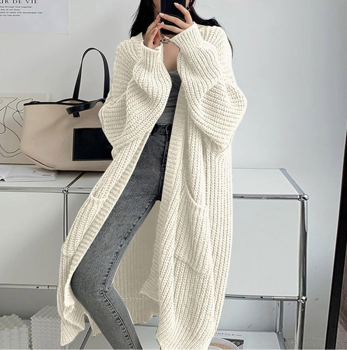 Women's Chunky Knit Longline Cardigan – Open Front with Pockets