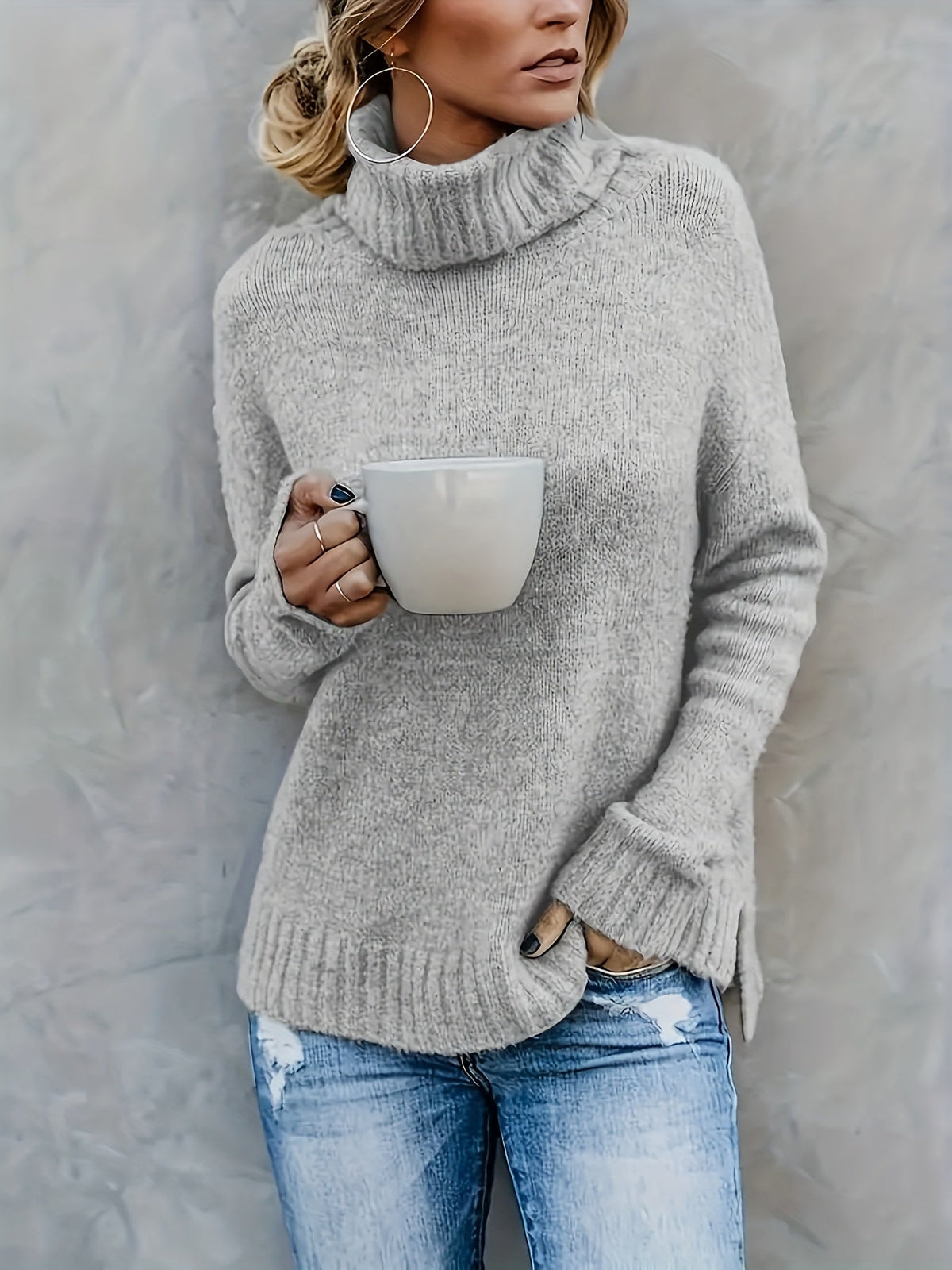 Women's Cowl Turtleneck Jumper – Split Hem Knit Sweater